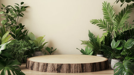 Spring podium surrounded by lush greenery for AI presentationsの素材