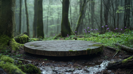 Mysterious spring podium in a tranquil forest setting surrounded by greenery and flowersの素材