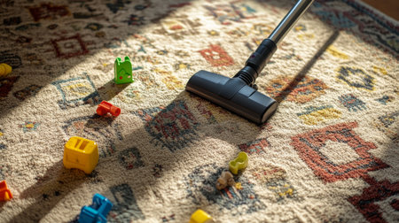 Spring cleaning with vacuum and colorful toys scattered on the rugの素材