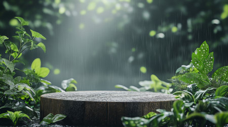 Spring setting features a podium surrounded by lush greenery and gentle rainfallの素材