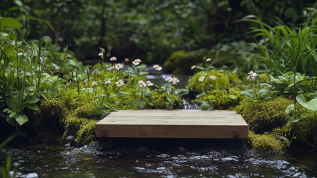 Springtime podium surrounded by lush greenery and flowing water in a serene settingの素材