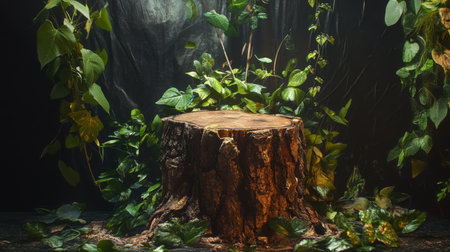 Springtime botany display featuring a tree stump surrounded by vibrant green plantsの素材