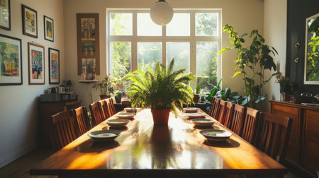 Spring cleaning in a bright dining room with lush plants and a large wooden tableの素材