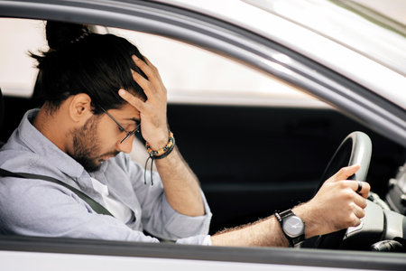 Stressed guy driving car, touching his headの写真素材