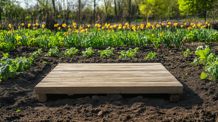 Spring garden podium in a vibrant floral setting with blooming daffodilsの素材