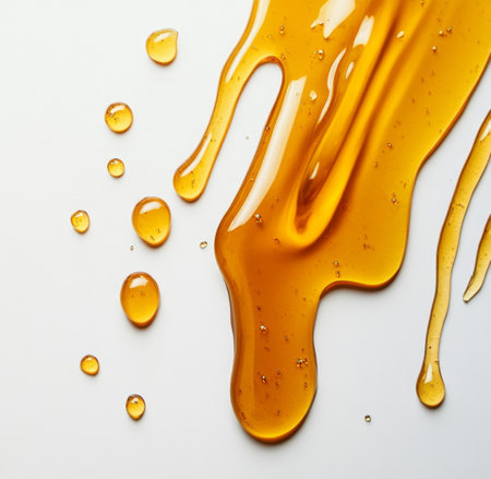 Golden honey splashes across a smooth white surface in a natural setting. Generative AIの素材