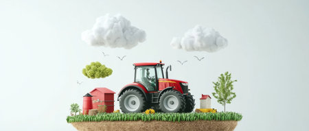 Smart tractor working on a modern farm with lush green fields and clouds. Generative AIの素材