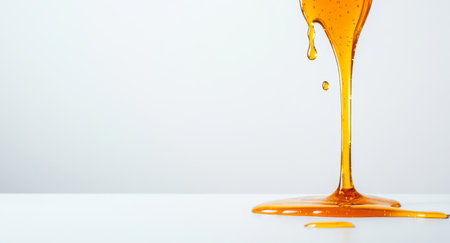 Rich golden honey splashes and drips on a clean white surface during daytime. Generative AIの素材