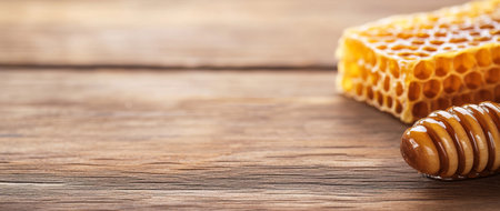 Honey dripping and splashing from a dipper onto wooden table. Generative AIの素材