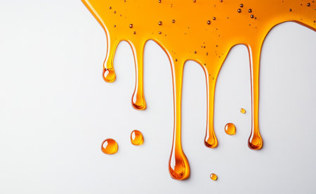 Splashes of honey create an inviting liquid texture on a white surface. Generative AIの素材