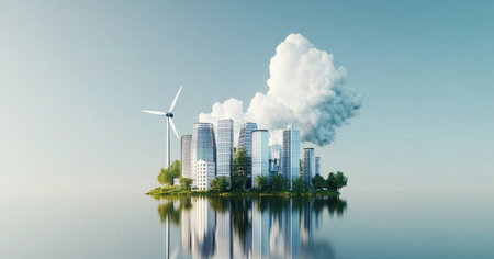 Cityscape with renewable energy sources reflecting sustainable urban development. Generative AIの素材