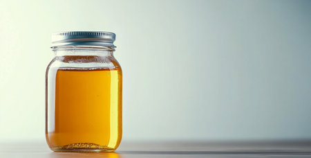 A jar of golden honey stands on a smooth surface with splashes of the liquid reflecting soft lightの素材