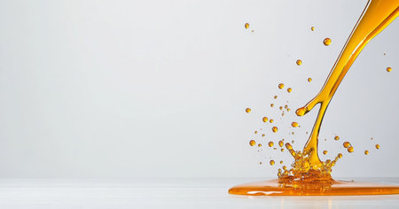 Golden honey splashes energetically on a smooth surface. Generative AIの素材