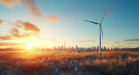 Energy production through wind turbines under a sunny sky near a city skyline. Generative AIの素材