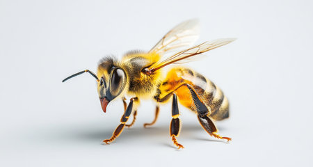 Beekeeping activity highlighting a honey bee on a light background. Generative AIの素材