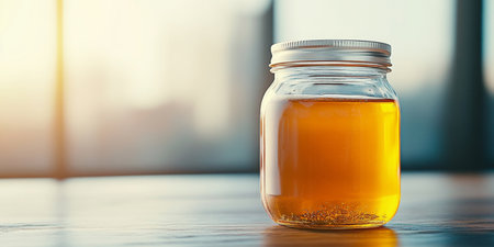 Organic honey in jar placed on wooden table with bright natural light. Generative AIの素材