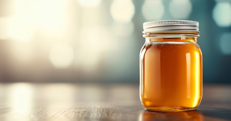 Showcasing organic honey in glass jar highlighting natural sweetness. Generative AIの素材