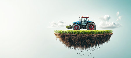A modern tractor is positioned on a levitating patch of fertile land with vibrant green cropsの素材
