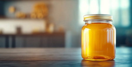 Honey jar showcasing organic beekeeping craftsmanship in a bright kitchen. Generative AIの素材