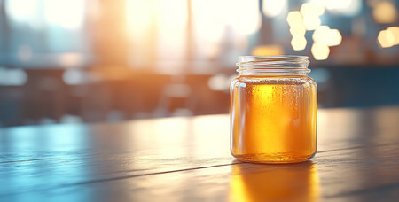 Organic honey in a glass jar on a rustic wooden table during golden hour. Generative AIの素材