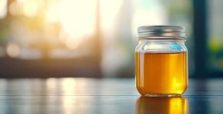 Organic honey jar reflecting sunlight in a serene indoor setting. Generative AIの素材