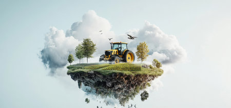 Innovative farming with smart technology on a floating island landscape. Generative AIの素材