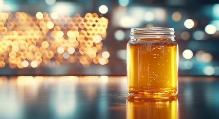 Organic honey in glass jar with blurred beekeeping background. Generative AIの素材