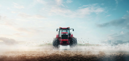 Modern tractor working on a farm field under a clear blue sky in the afternoon. Generative AIの素材