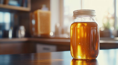 Golden honey jar reflecting sunlight in a cozy kitchen atmosphere. Generative AIの素材