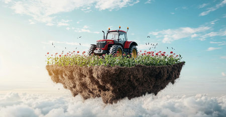 Floating farmhouse tractor tending vibrant flowers in a sky above clouds. Generative AIの素材