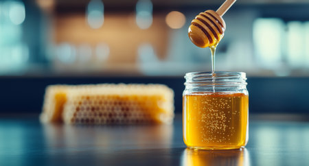 Organic honey dripping from a wooden dipper into a glass jar on a table. Generative AIの素材