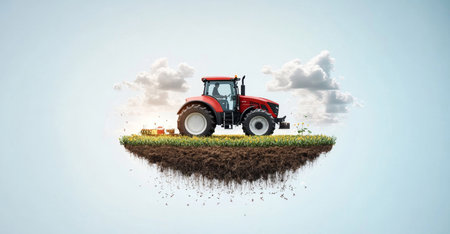 Advanced tractor operating in a fertile field during a sunny day. Generative AIの素材