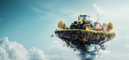 Futuristic farm on floating island with tractor, trees, and a house. Generative AIの素材