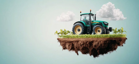 Smart tractor on floating farm turf with vegetation and clouds in the background. Generative AIの素材