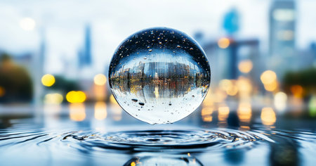 Reflections in a crystal ball over calm water in an urban setting. Generative AIの素材