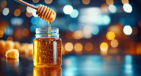 Delicious organic honey drips from a wooden dipper into a jar. Generative AIの素材