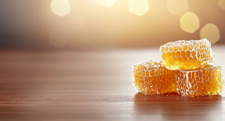 Organic honeycomb pieces stacked on a wooden surface with a soft background glow. Generative AIの素材