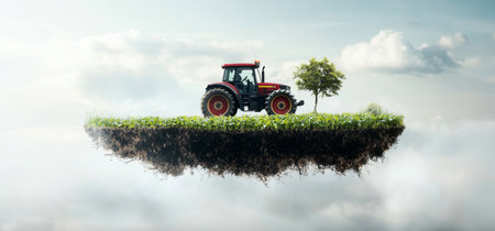 Tractor working on a floating farm with vibrant fields and solitary tree. Generative AIの素材