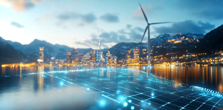 Innovative energy solutions illuminate city skyline during sunset with wind turbines. Generative AIの素材