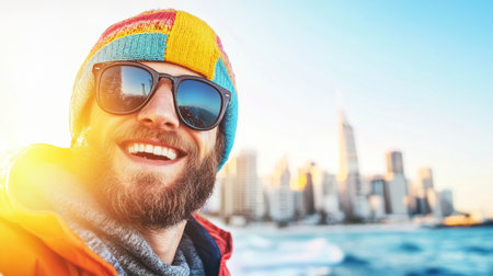 Bright smile at sunset with a city skyline in the background and cool tones. Generative AIの素材