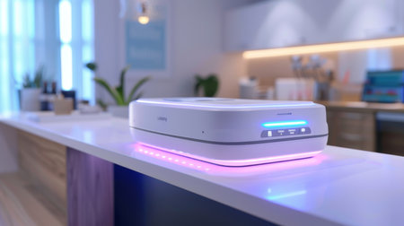 A Cutting Edge Sterilization Device is Seamlessly Integrated Into a Contemporary Kitchen, Enhanced by a Stunning, Vibrant Lighting Design, Showcasing the Potential of Generative AI Technologyの素材