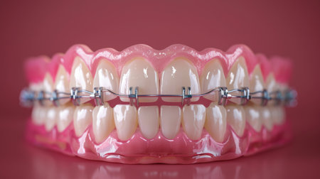 3D Model of a Dental Arch Showcasing Braces Fitted on Teeth for Orthodontic Treatment in a Clinical Setting. Generative AIの素材