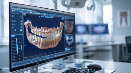 Advanced Dental Imaging and Analysis Software Displayed on a Modern Dental Clinic Monitor During a Routine Dental Examination for Patient Care. Generative AIの素材