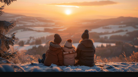 Family Bonding as the Sun Sets Over a Winter Landscape in the Countryside Showcasing Vibrant Colors and Serene Moments. Generative AIの素材