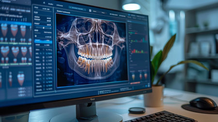 Detailed Dental Analysis Displayed on a Computer Monitor in a Modern Office Setting During Recent Hours of the Day. Generative AIの素材