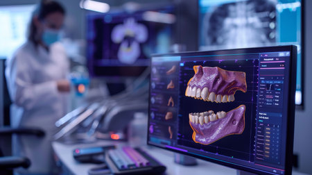 Advanced Dental Analysis Being Performed in a Modern Laboratory Setting With 3D Imaging Technology. Generative AIの素材