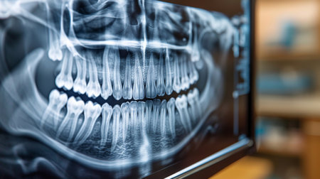 Detailed Dental X Ray Showing Teeth Alignment and Dental Health in a Clinical Setting During Daytime. Generative AIの素材