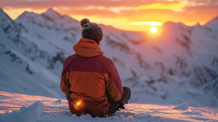 Chilly Sunset Moment With a Person in Winter Clothing Sitting on Snow Covered Mountains. Generative AIの素材