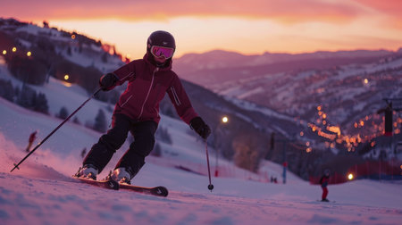 Skiing at Sunset in a Mountain Resort With Illuminated Slopes and a Stunning View of the Valley. Generative AIの素材