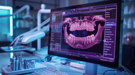 Technology Used to Analyze Dental X Rays in a Modern Dental Practice Featuring Advanced Equipment and Software for Patient Diagnostics. Generative AIの素材